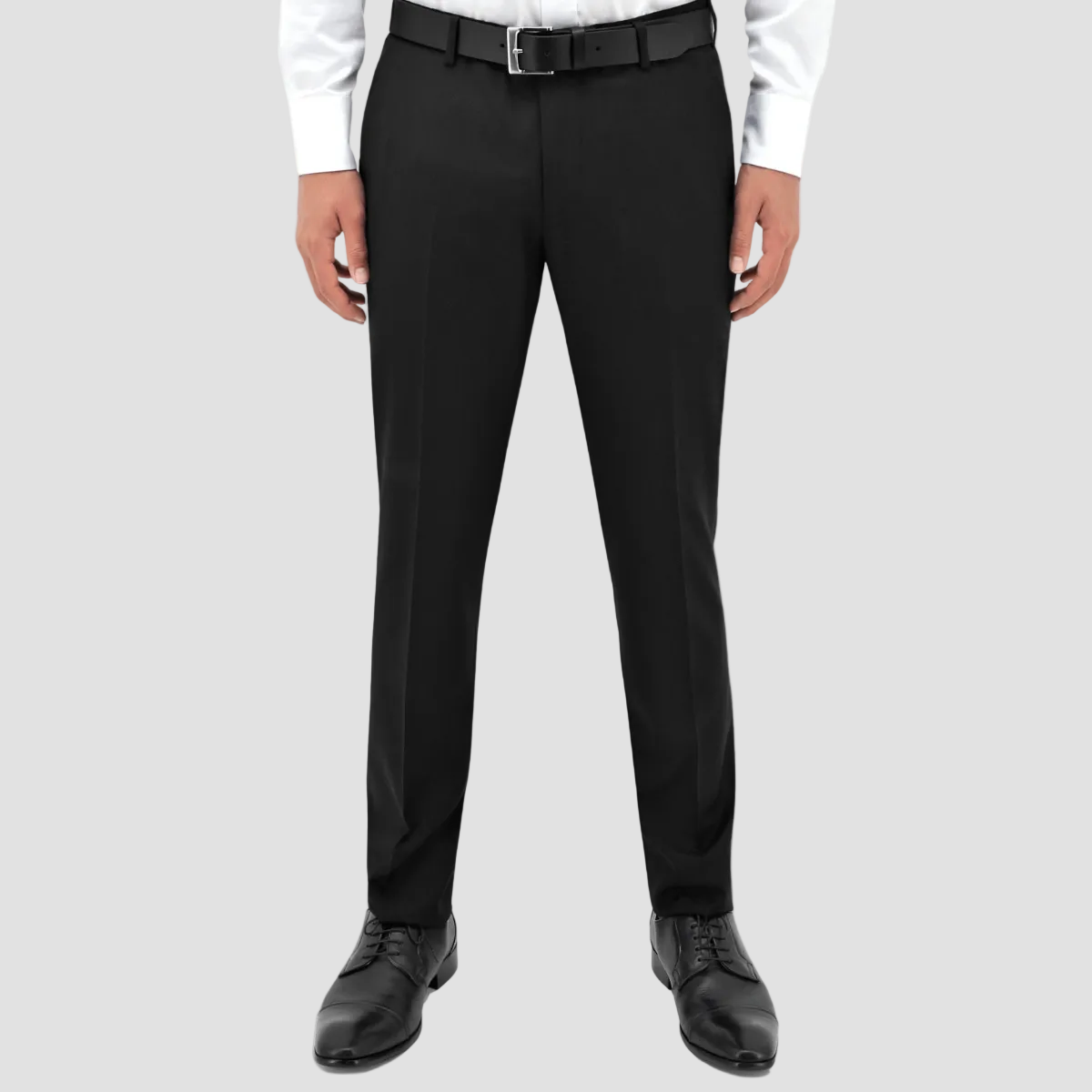 Boston’s Edward black slim‑fit trousers feature textured merino wool and a polished finish.