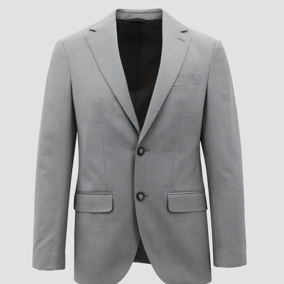 Men’s Lazio grey suit by Boston, crafted in a stretch merino wool blend with sharp tailoring and slim trousers.