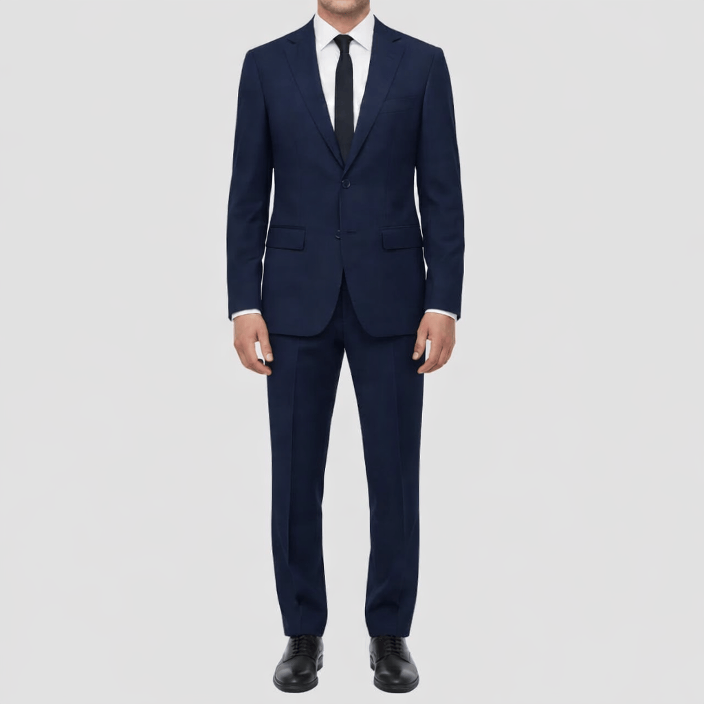 Men’s Lazio navy suit by Boston, crafted in a stretch merino wool blend with sharp tailoring and slim trousers.