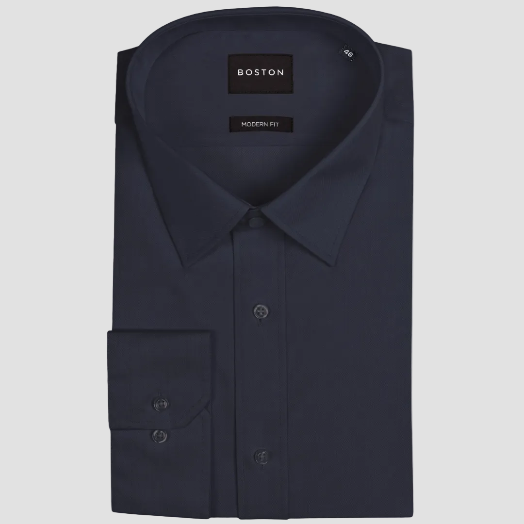 Boston’s Liberty navy business shirt in a modern slim fit with classic collar and tailored darts.