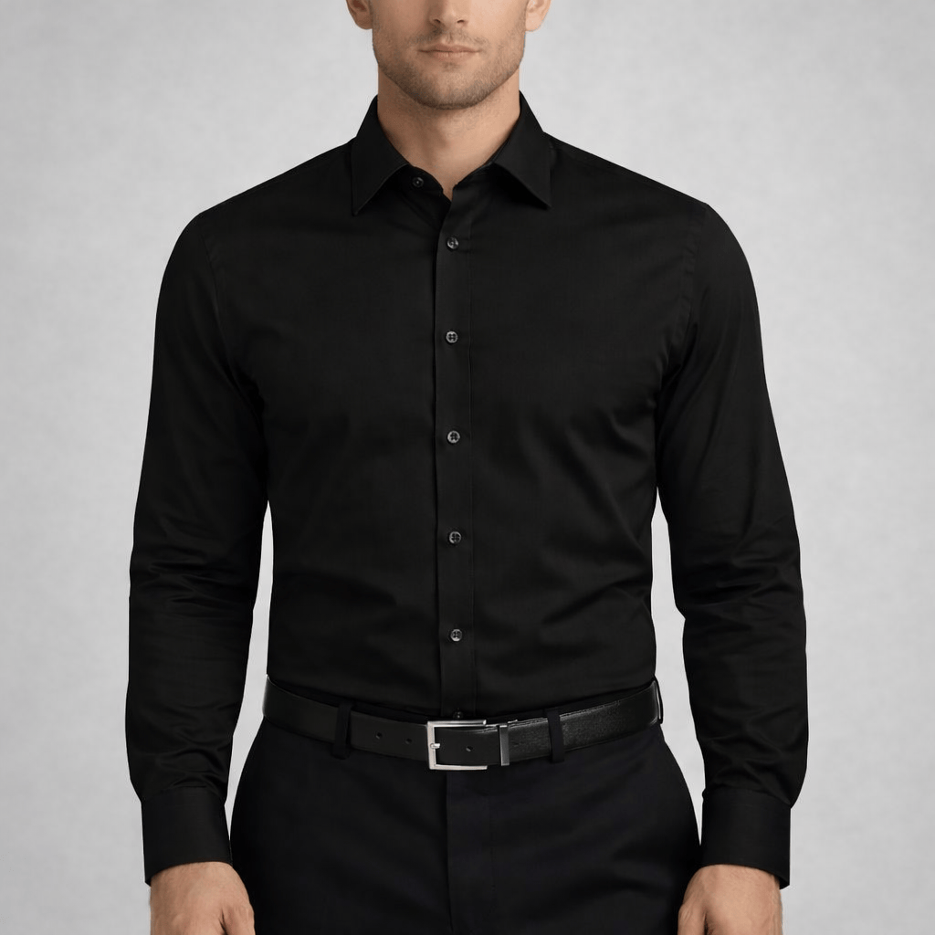 Boston’s Liberty black French cuff shirt in a modern slim fit with classic collar and tailored darts.