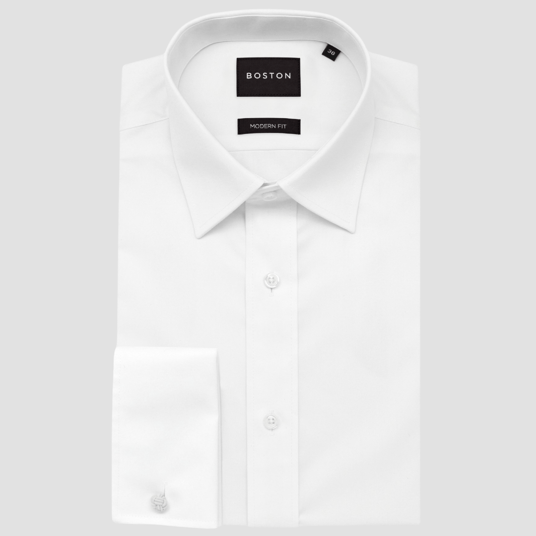 Boston’s Liberty White French cuff shirt in a modern slim fit with classic collar and tailored darts.
