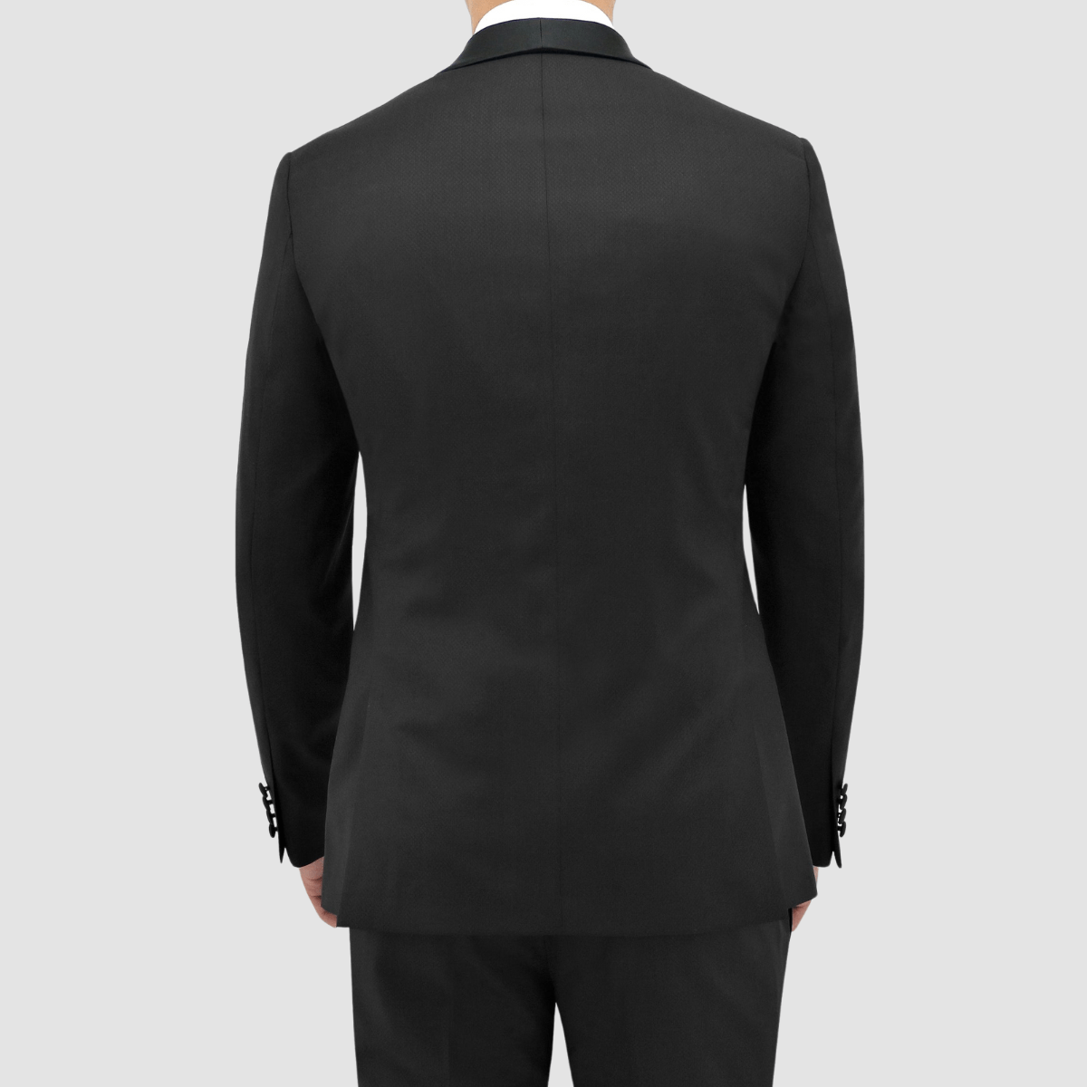 Men’s black shawl‑lapel tuxedo by Boston, crafted in textured merino wool with satin detailing and slim‑fit trousers.