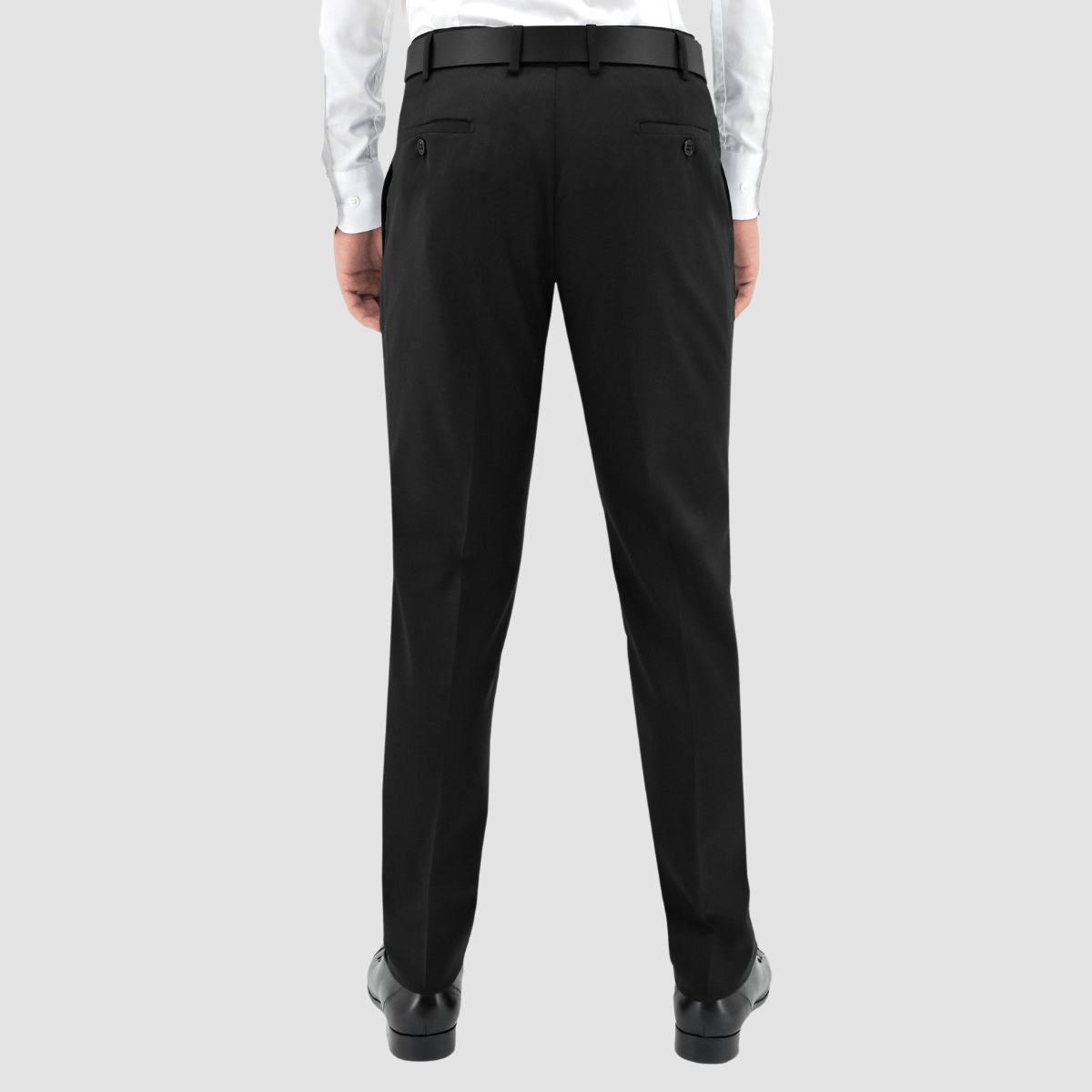 Men’s black shawl‑lapel tuxedo by Boston, crafted in textured merino wool with satin detailing and slim‑fit trousers.