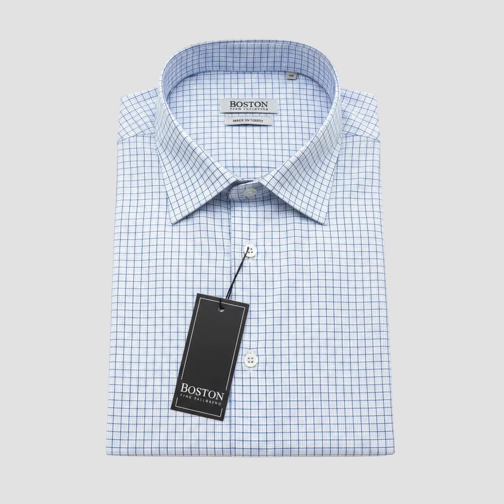 Blue checkered shirt with 'Boston' branding