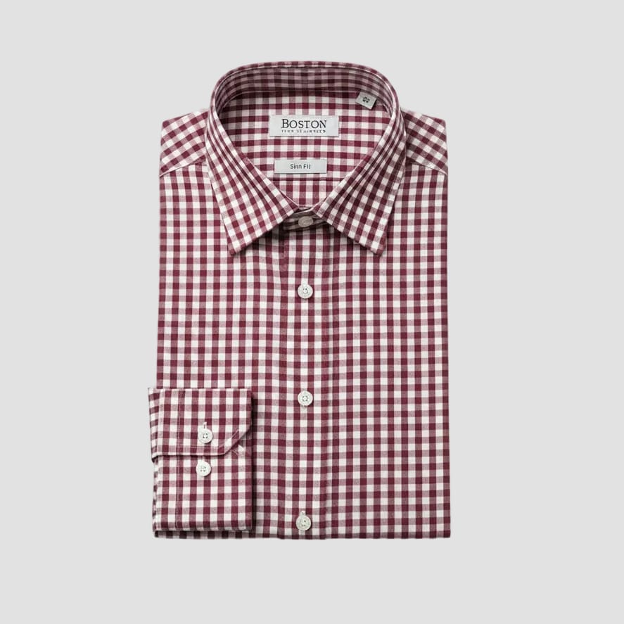 Red and white checkered shirt with 'Boston' brand label.