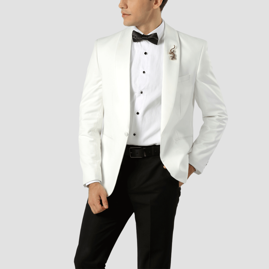 Boulvandre Slim Fit Mens Satin Lapel Dinner Jacket in Ivory