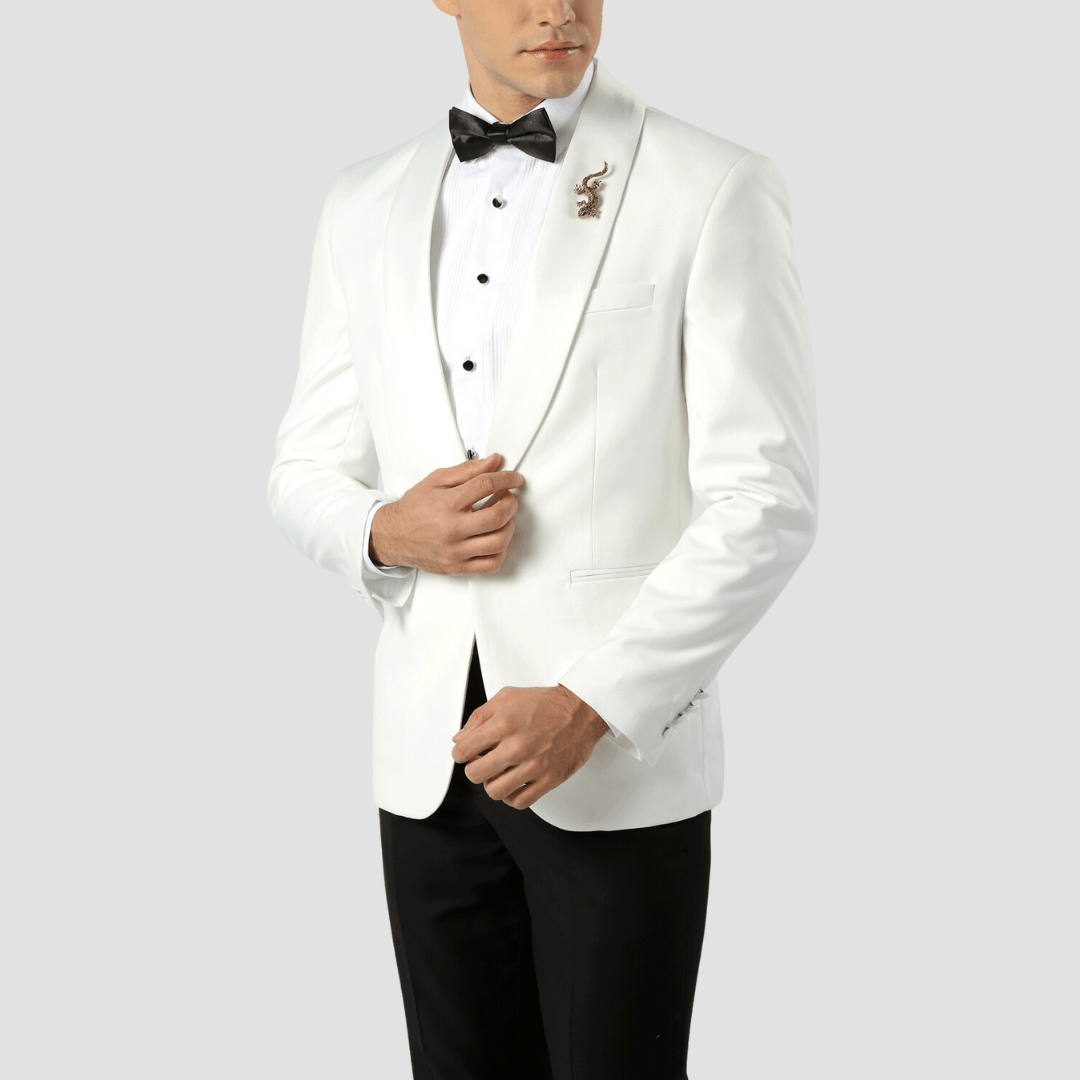 Boulvandre Slim Fit Mens Satin Lapel Dinner Jacket in Ivory