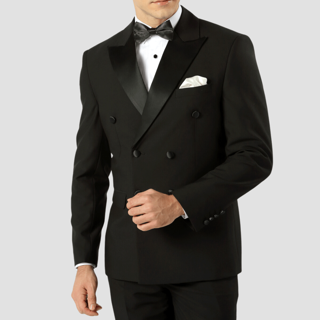 Boulvandre Mens Slim Fit Double Breasted Satin Lapel Tuxedo in Black