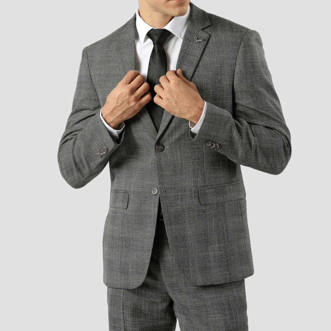 Boulvandre Mens Slim Fit Textured Check Suit in Steel Grey