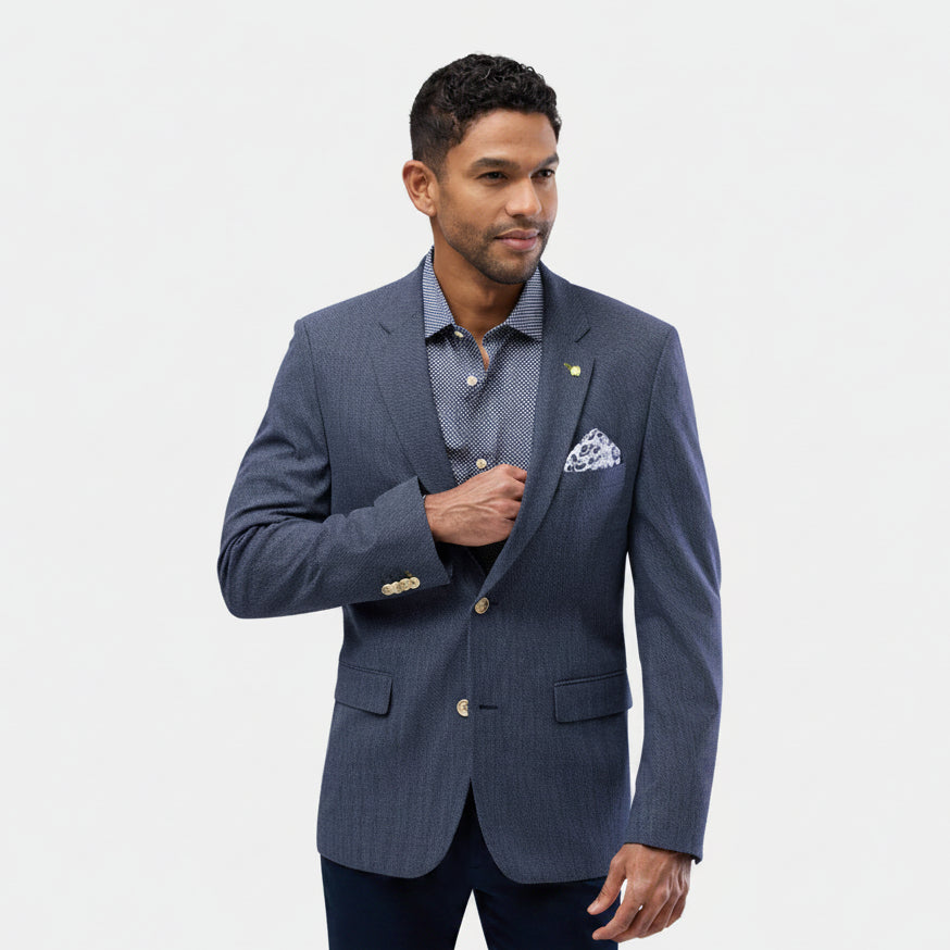 Front view of the Brooksfield Mens Textured Yarn Dye Sports Jacket in Navy