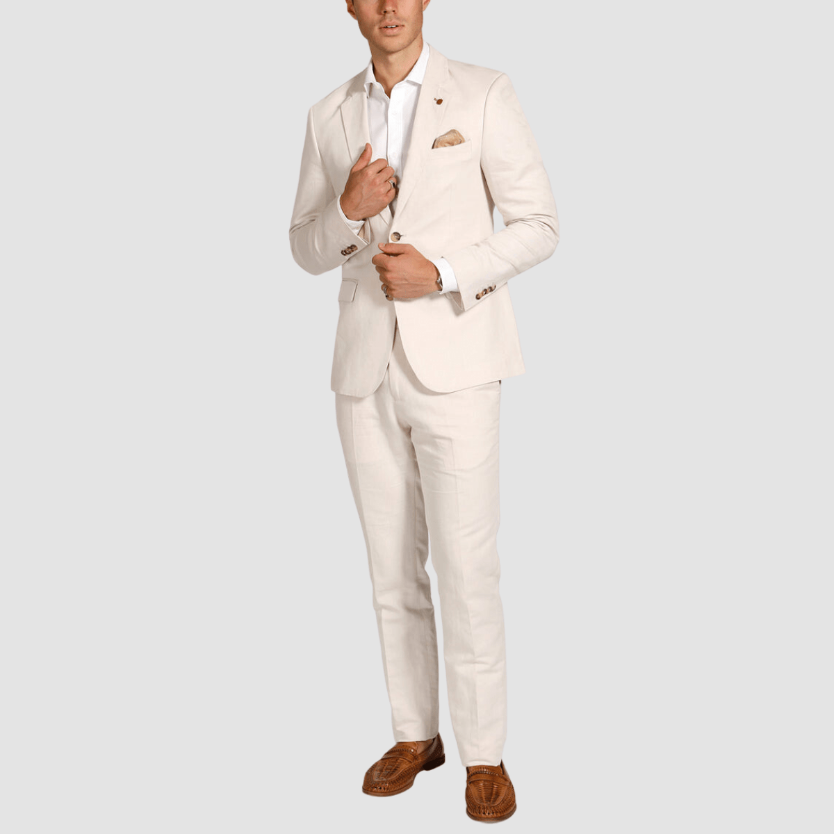 Front view of the Brooksfield Mens Slim Fit Essential Linen Blend Suit in Oat