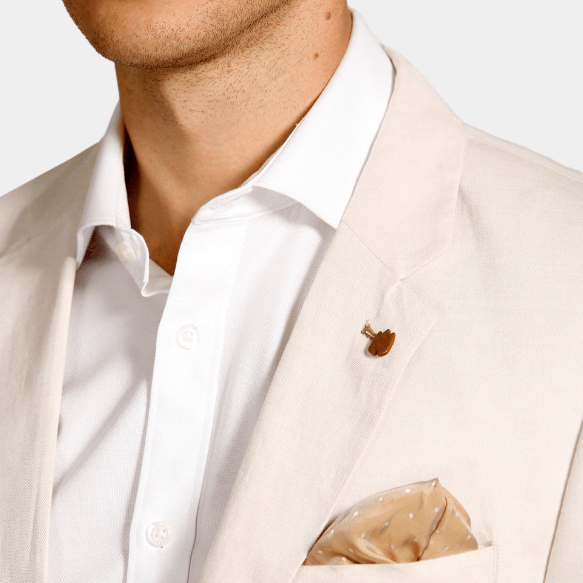 collar details of the Brooksfield Mens Slim Fit Essential Linen Blend Suit in Oat