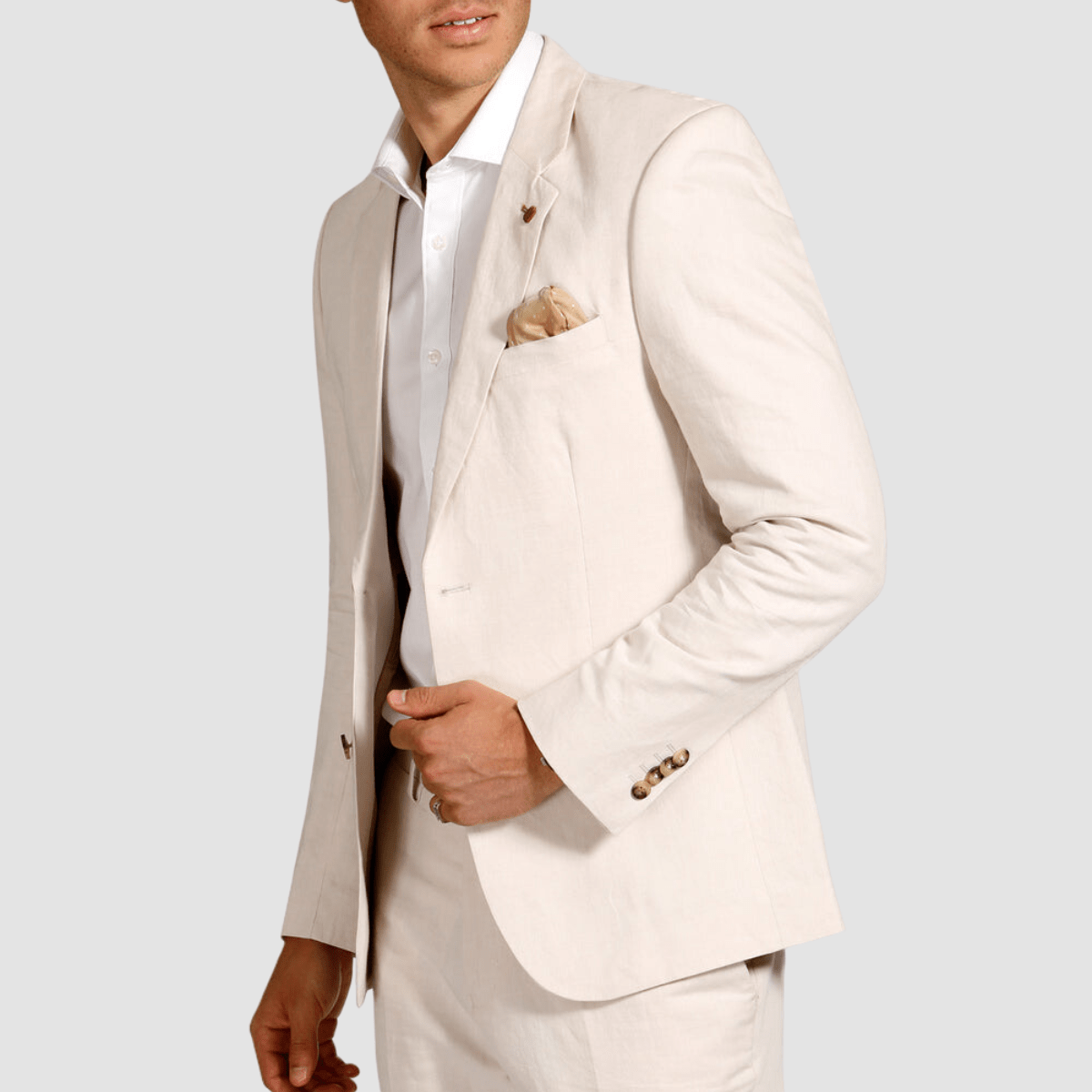 The Brooksfield Mens Slim Fit Essential Linen Blend Suit in Oat styled with a white polo shirt