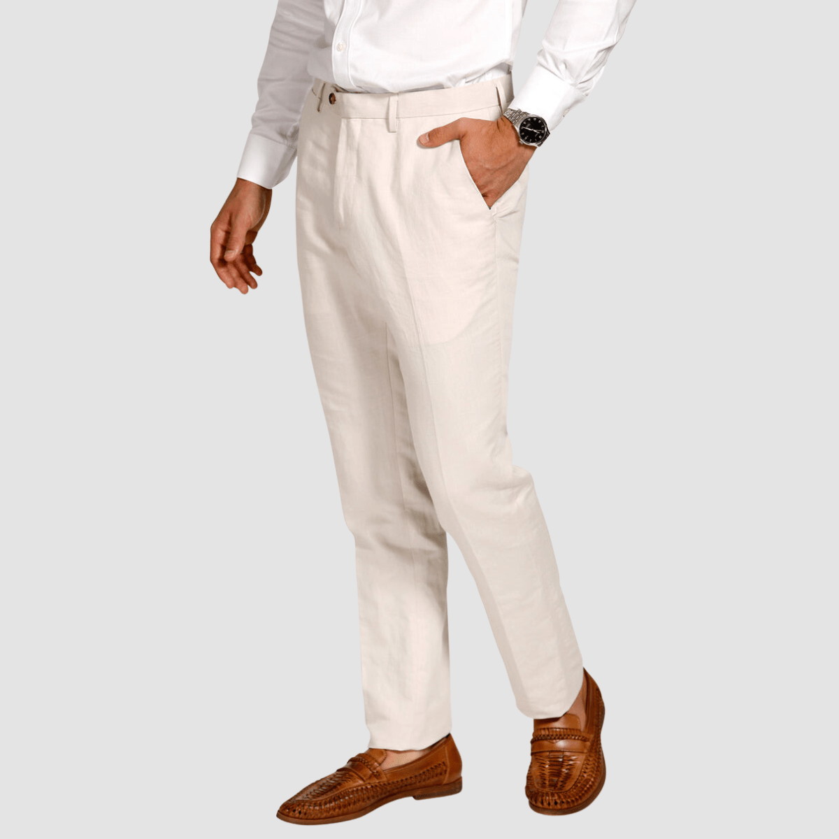 front view of the Brooksfield Mens Slim Fit Essential Linen Blend Trouser in Oat