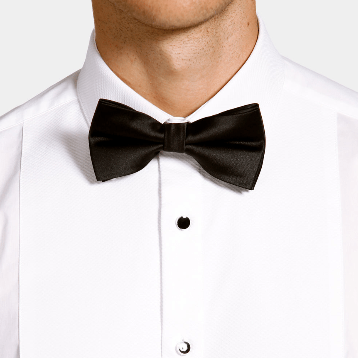 the button and collar details of the Brooksfield Tailored Fit Tuxedo Dinner Dress Shirt in White