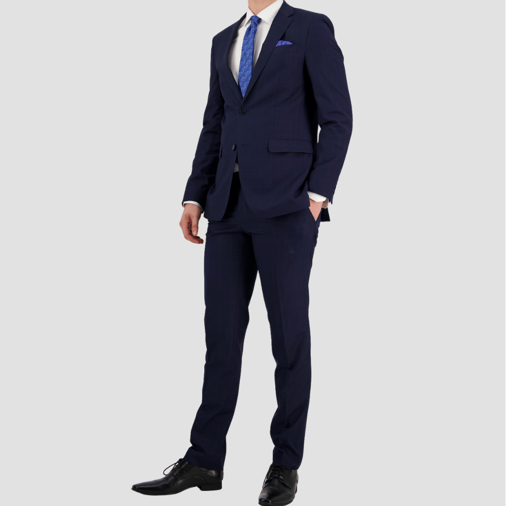 Abram Cornerstone Big Men’s Navy Suit—check design, slim fit jacket and classic trouser.