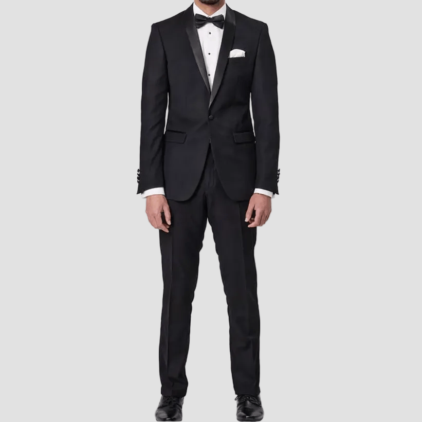 Elevate your formal style with the black Benhur Slim Fit Shawl Collar Tuxedo.
