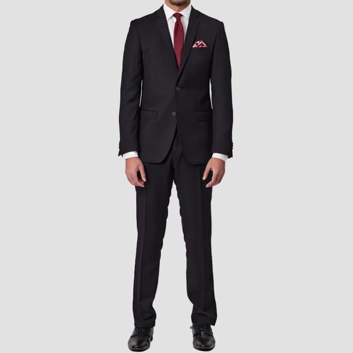 Bruton’s David Keystone slim‑fit black suit with performance finish.