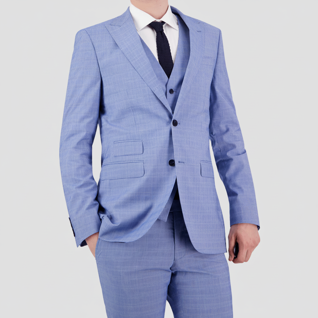 Bruton’s Jed Jadestone Sky Suit—slim fit with peak lapel, sharp tailoring and a polished performance finish.