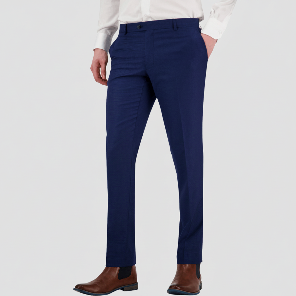 Slim‑fit blue-black houndstooth suit trousers by Bruton.