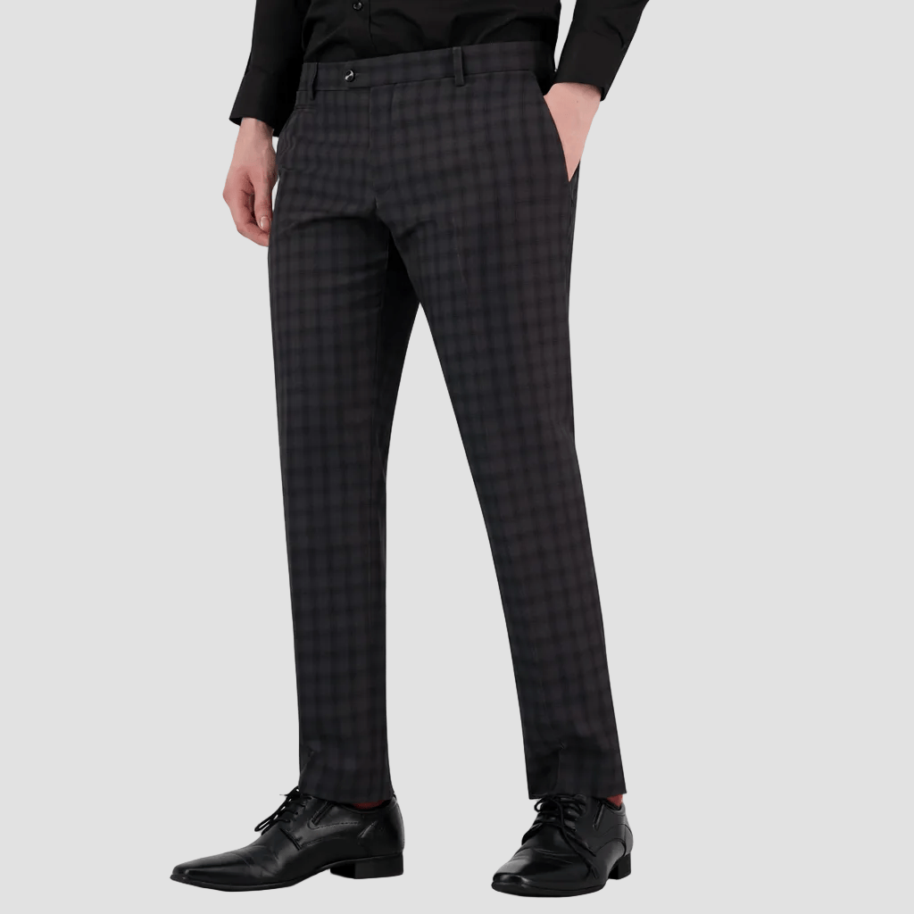 Modern grey‑check slim trousers by Bruton, crafted with a performance finish for business or event wear.
