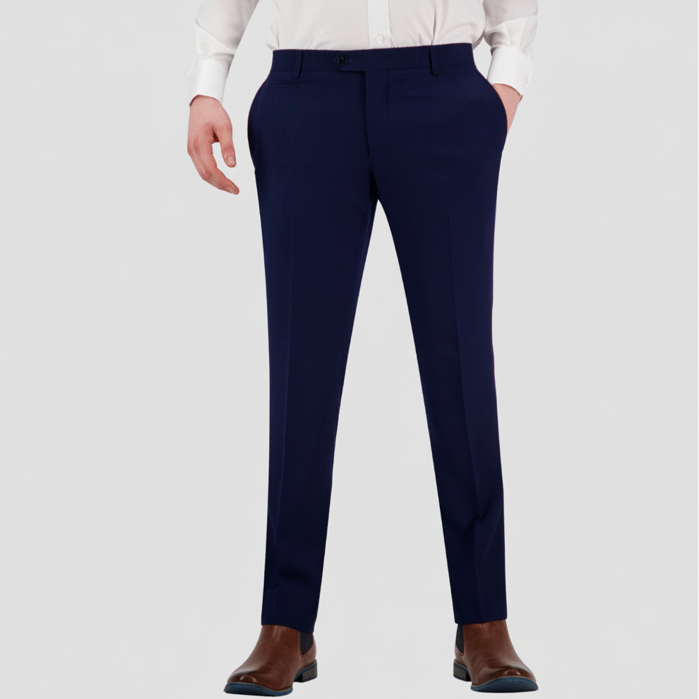 Refined slim‑fit blue Keystone trousers with soft‑structured tailoring, breathable durability, and performance finish.