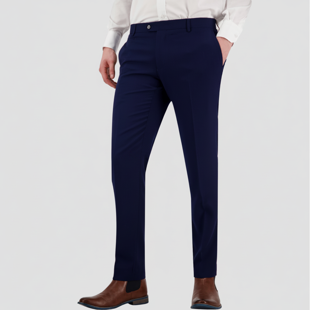 Refined slim‑fit blue Keystone trousers with soft‑structured tailoring, breathable durability, and performance finish.