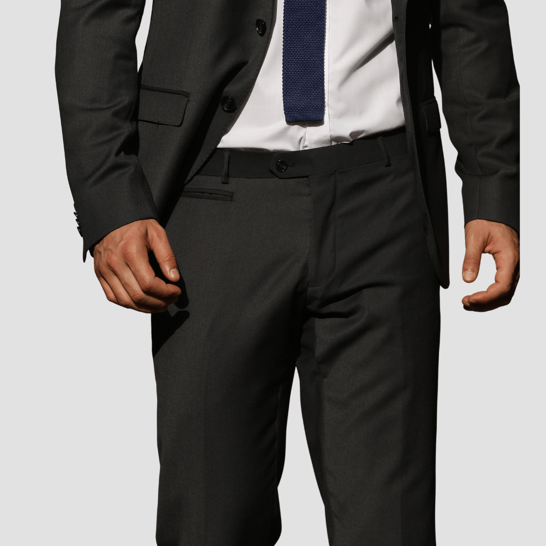 Bruton’s Jesse Keystone slim‑fit charcoal trousers.