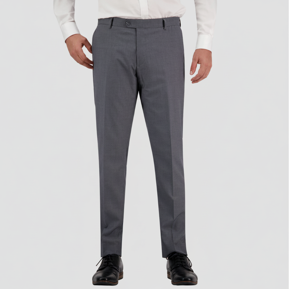 Refined slim‑fit grey Keystone trousers featuring a unique silver marl fibre mix, soft yet structured tailoring, and performance finish.