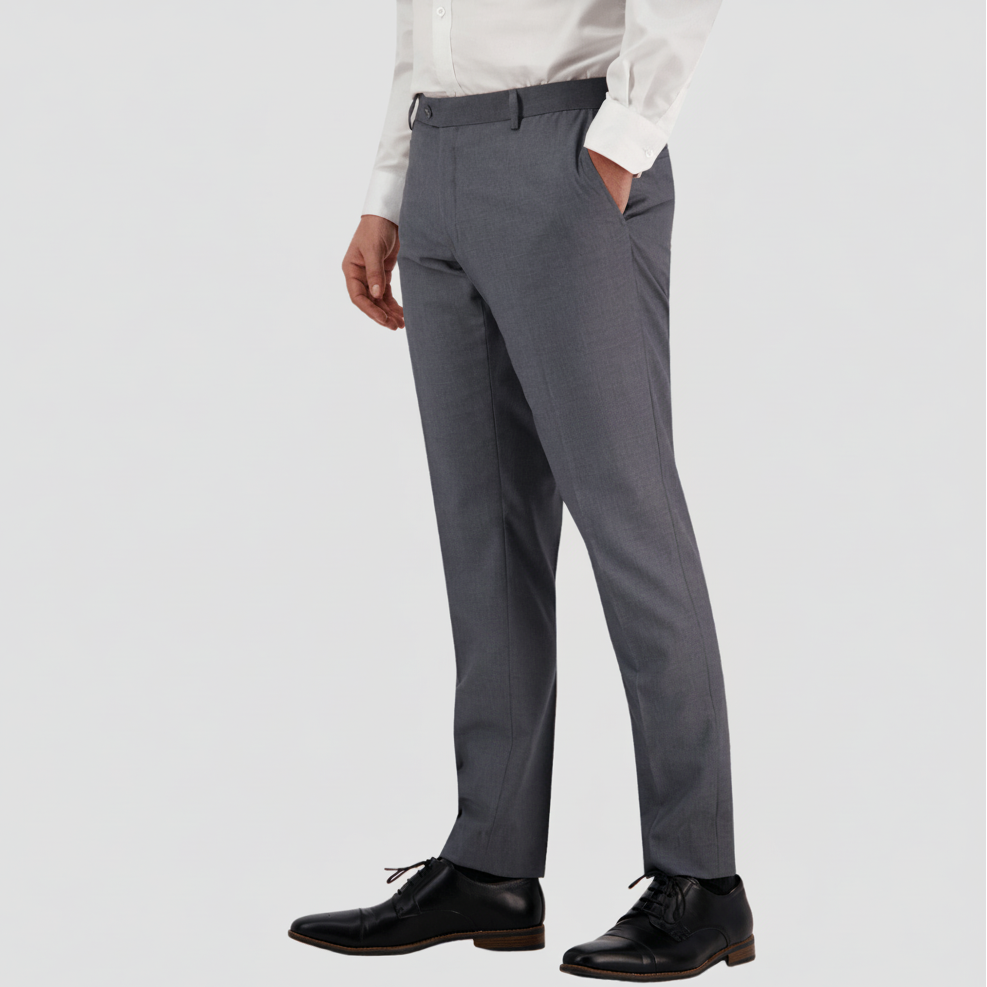 Refined slim‑fit grey Keystone trousers featuring a unique silver marl fibre mix, soft yet structured tailoring, and performance finish.