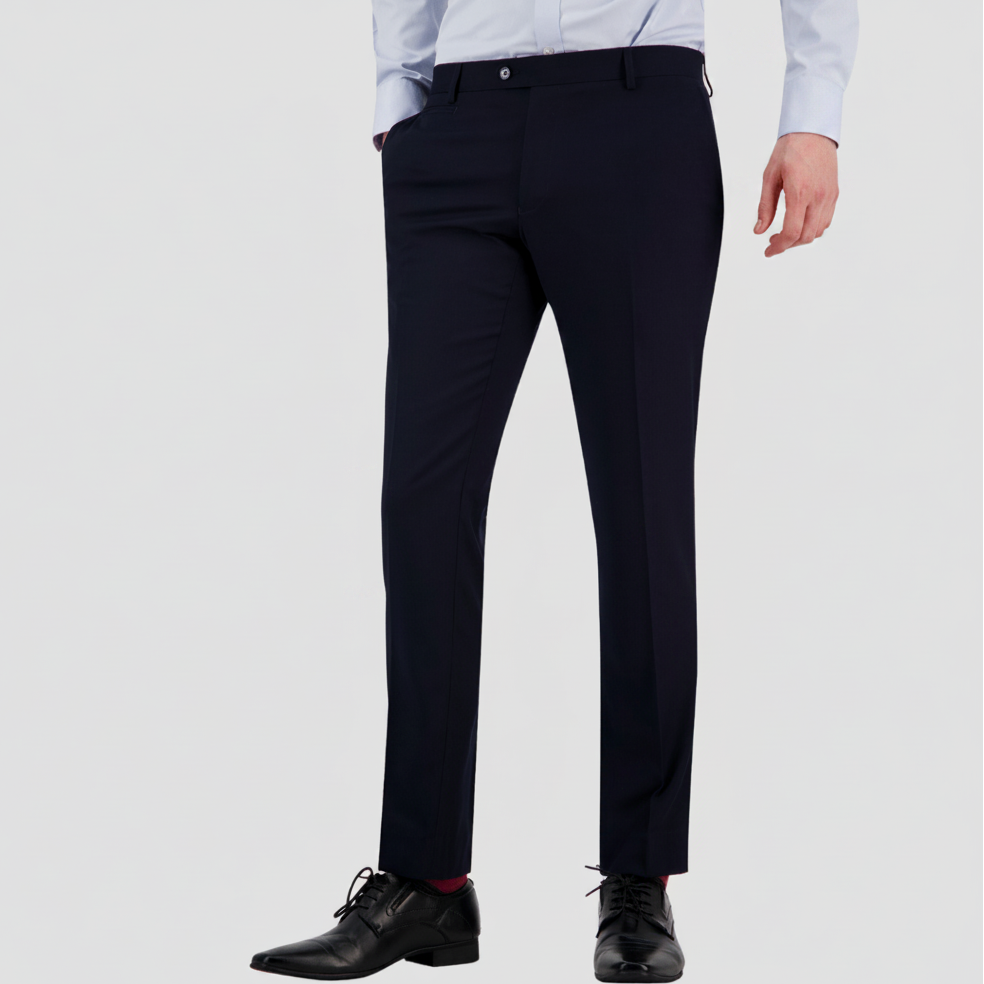 Bruton’s Jesse Keystone slim‑fit navy trousers, half lined with a finished leg and soft‑structured feel.