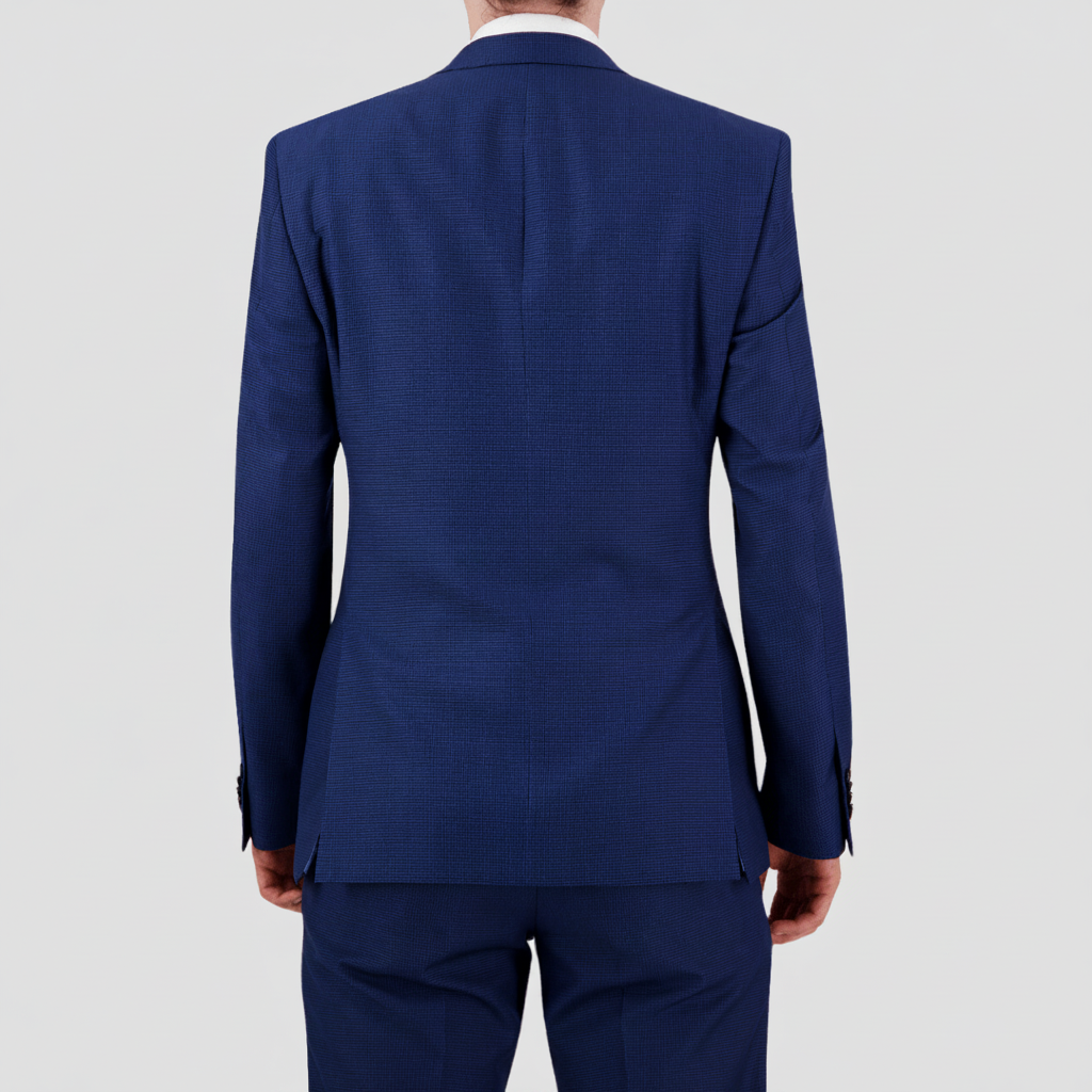 Bruton’s Jose Jadestone slim‑fit blue-black houndstooth suit with performance finish, tailored jacket and trousers.