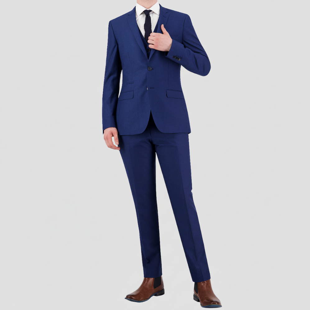 Bruton’s Jose Jadestone slim‑fit blue-black houndstooth suit with performance finish, tailored jacket and trousers.