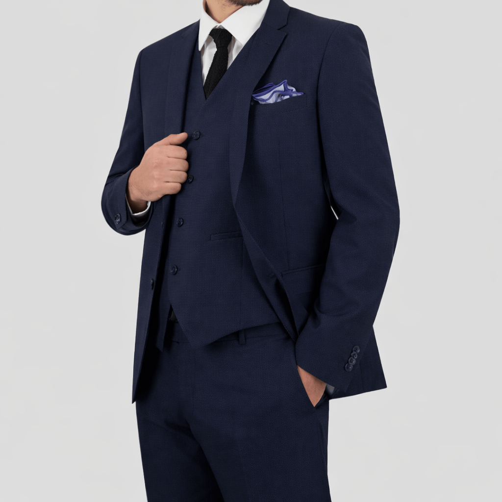 Bruton’s Jose Jadestone slim‑fit charcoal‑blue houndstooth suit with performance finish, tailored jacket and trousers.