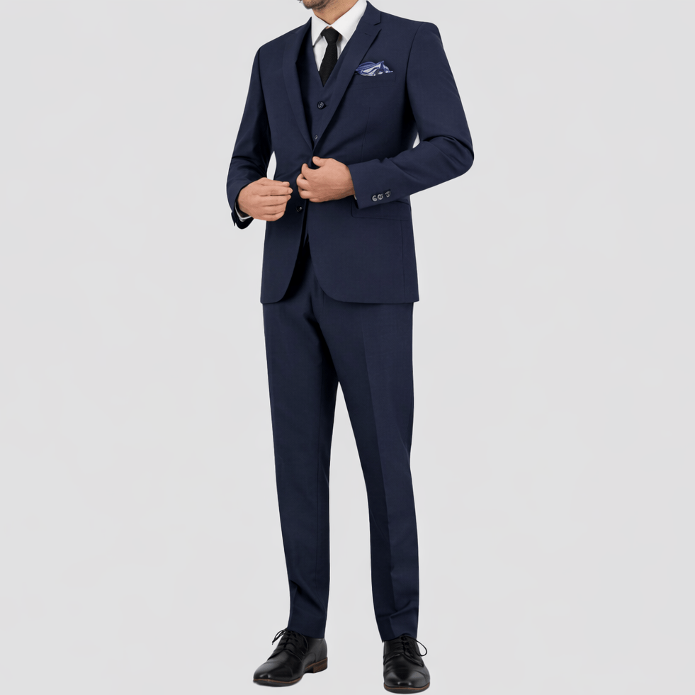 Bruton’s Jose Jadestone slim‑fit charcoal‑blue houndstooth suit with performance finish, tailored jacket and trousers.