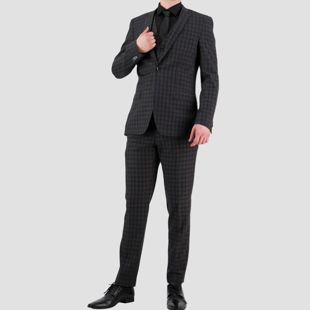 Sophisticated slim‑fit grey check suit by Bruton, featuring a two‑button jacket and finished‑leg trousers.