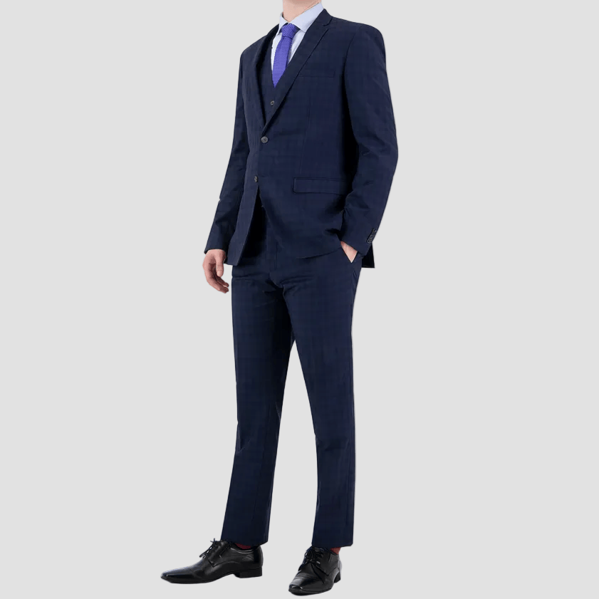 Bruton’s Jose Jadestone slim‑fit navy check suit with performance finish, tailored jacket and trousers, perfect for business or events.