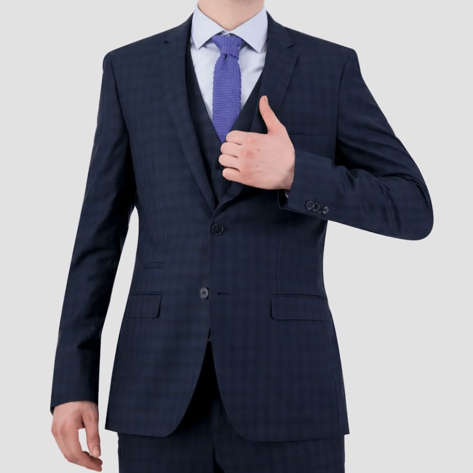 Bruton’s Jose Jadestone slim‑fit navy check suit with performance finish, tailored jacket and trousers, perfect for business or events.