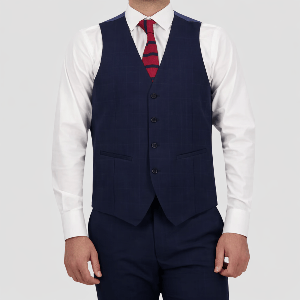 Saul Cornerstone Slim Fit Vest in Navy—sharp check pattern, clean lines and a smooth performance finish.