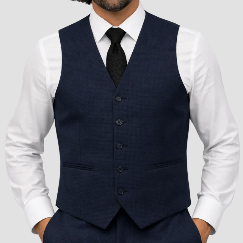 Slim‑fit charcoal houndstooth suit vest by Bruton with four‑button front and adjustable back.