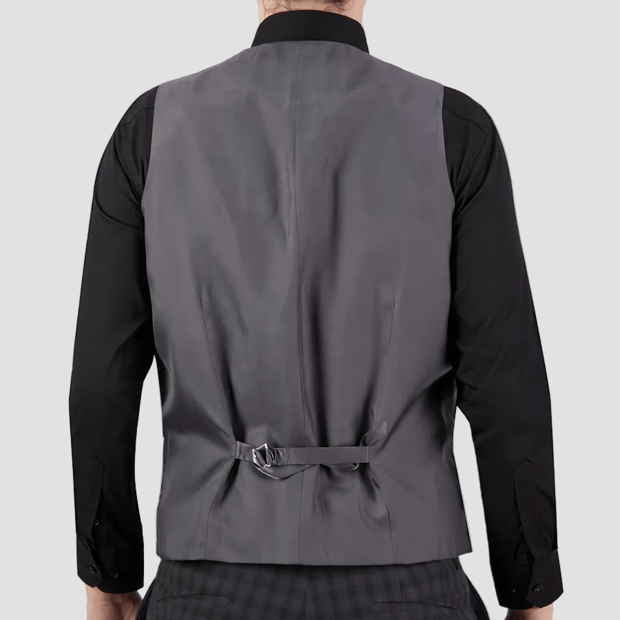 Sophisticated slim‑fit charcoal‑check vest by Bruton, crafted with performance finish and tailored details.