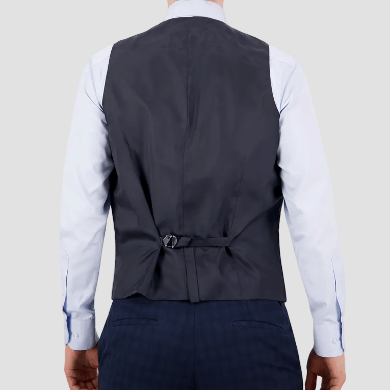 Sophisticated slim‑fit navy‑check vest by Bruton, crafted with performance finish and tailored details.