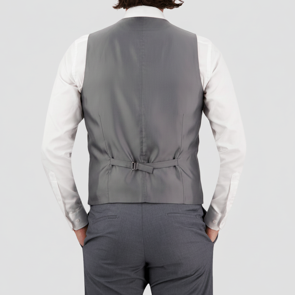 Slim‑fit grey Keystone vest by Bruton with four‑button front and silver marl texture.