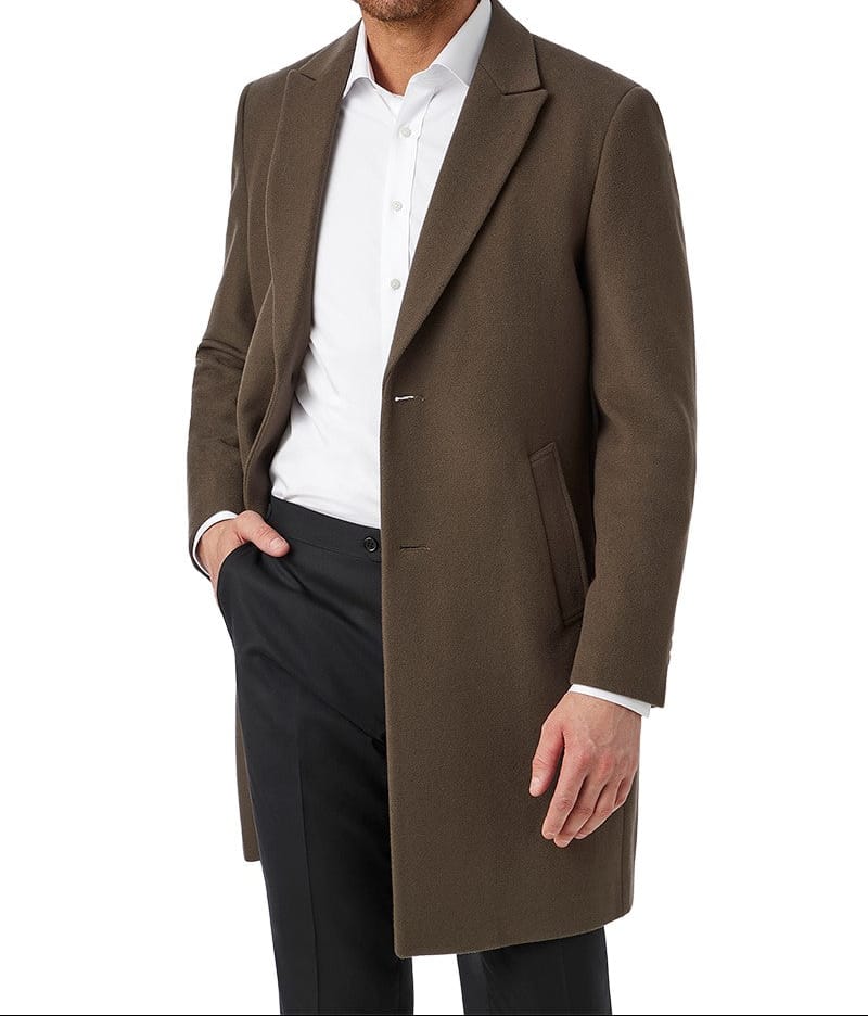 Man wearing a brown overcoat on a white background