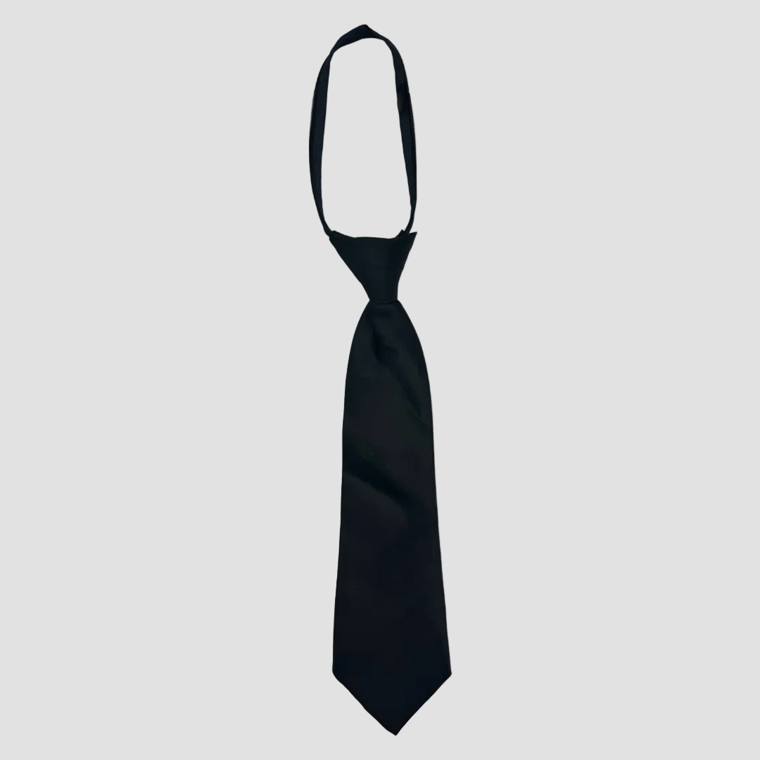 Christian Brookes boys black satin necktie with a zip‑adjustable neckband.
