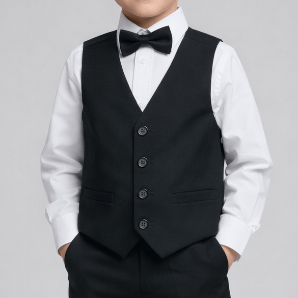 Kids black vest with four‑button front, adjustable belt and ticket pockets.