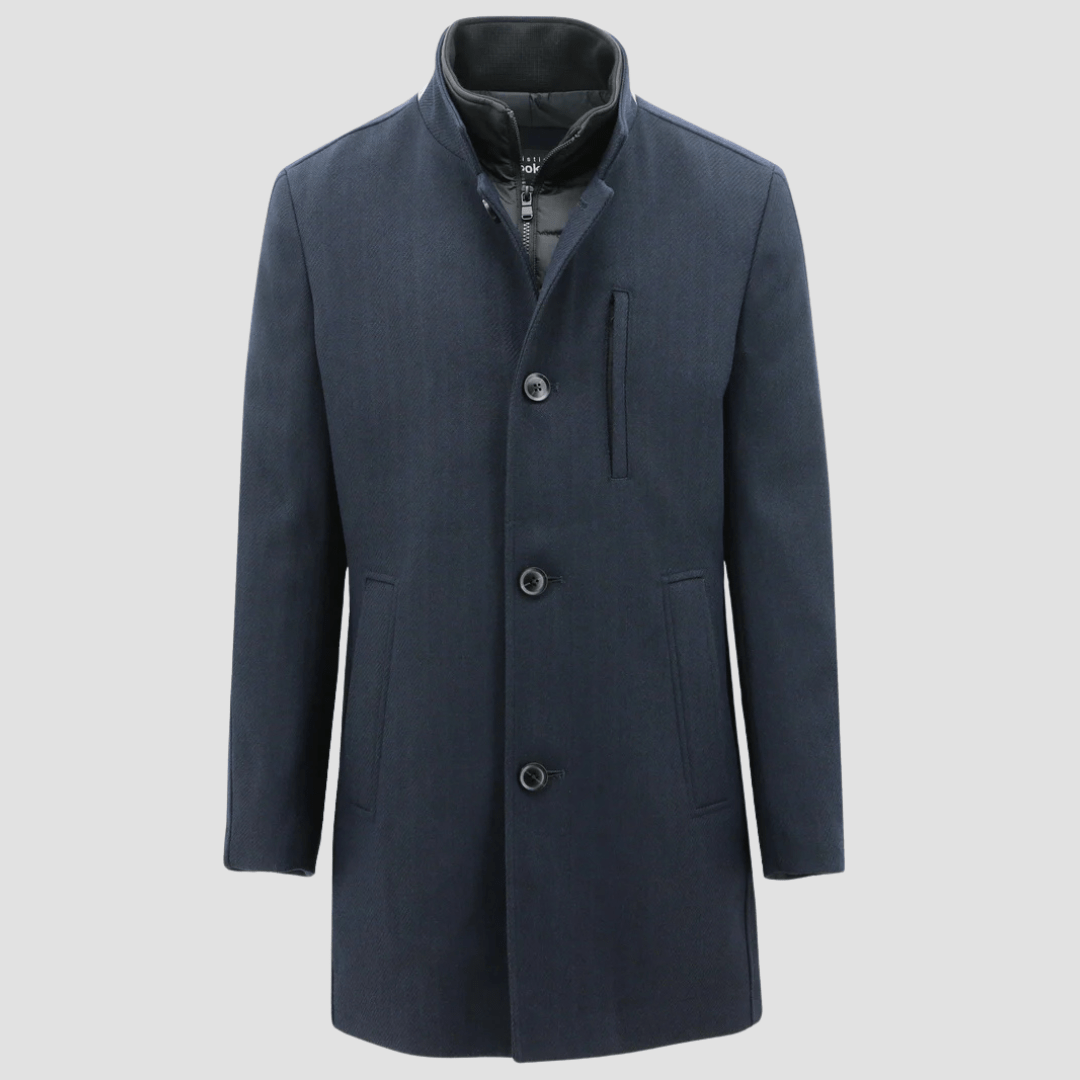 Christian Brookes Charles Navy Coat, removable vest, tailored fit, and classic single-breasted design for winter.