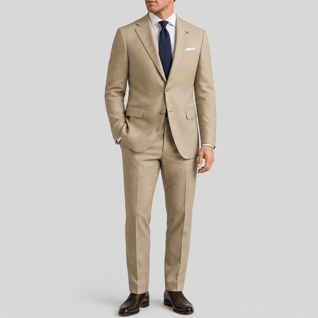 Christian Brooks Tan Suit, with comfort tailored fit and pick stitch detail.