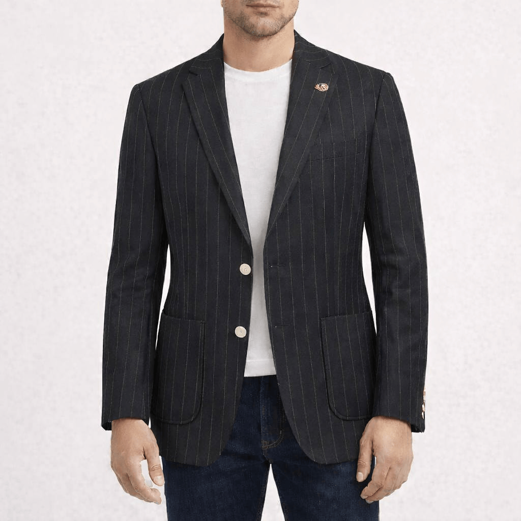 Genoa navy pinstripe sports jacket with notch lapel, patch pockets and rear vents.